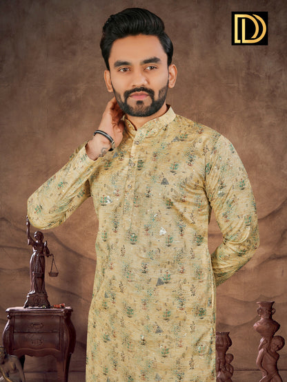 Man wearing a patterned kurta against a brown background with a visible brand logo.