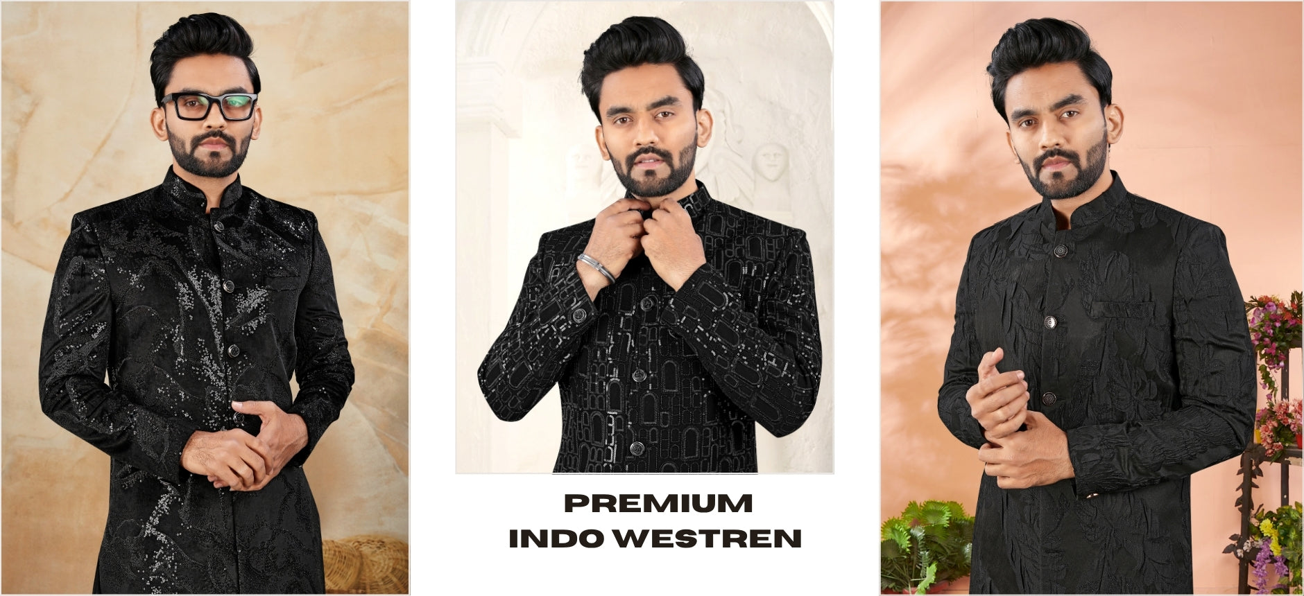 Three images of a man wearing a black indo-western outfit with text 'Premium Indo Western'.