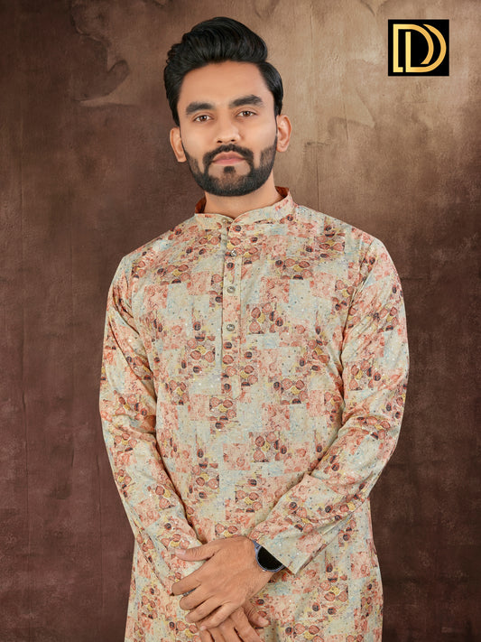 Man wearing a patterned kurta against a brown background with a logo in the corner.