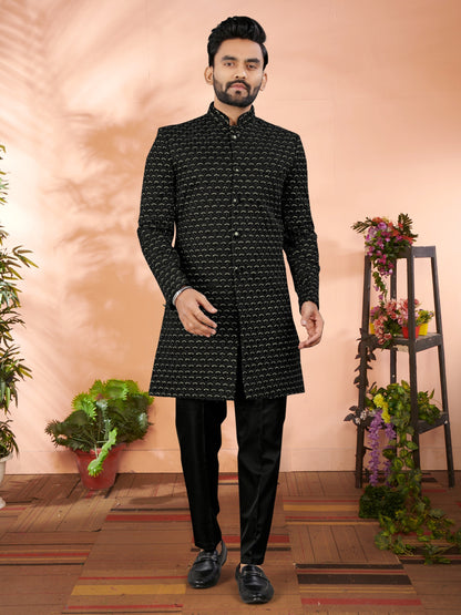 Mens 2 Piece Indo Western Black Jacquard Set for Wedding & Festive Occasions