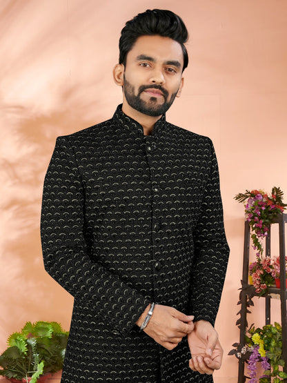 Mens 2 Piece Indo Western Black Jacquard Set for Wedding & Festive Occasions