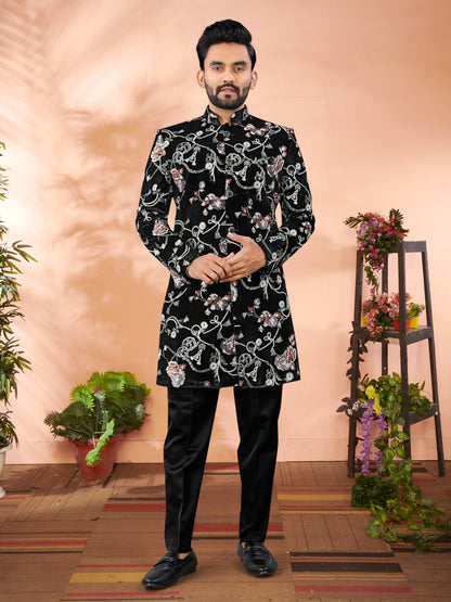 Mens Black 2 Piece Indo Western Velvet Set for Indian Wedding & Party Wear