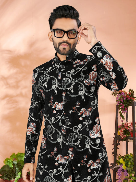 Mens Black 2 Piece Indo Western Velvet Set for Indian Wedding & Party Wear