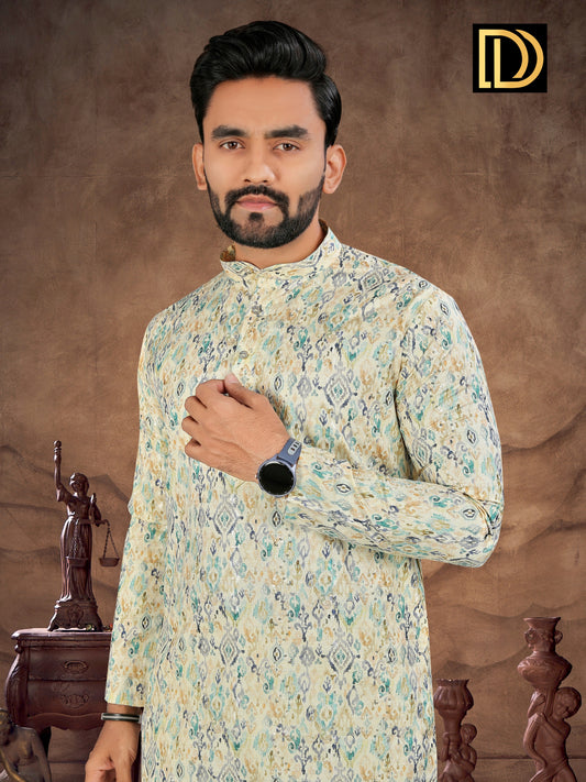 Man wearing a patterned kurta against a brown background with a logo in the corner.